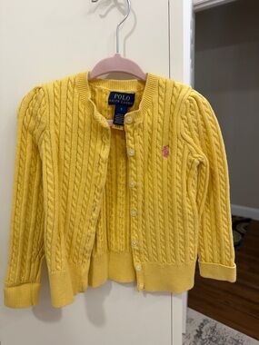 Polo by Ralph Lauren Girls' Yellow Cable Knit Cardigan with Pink Pony